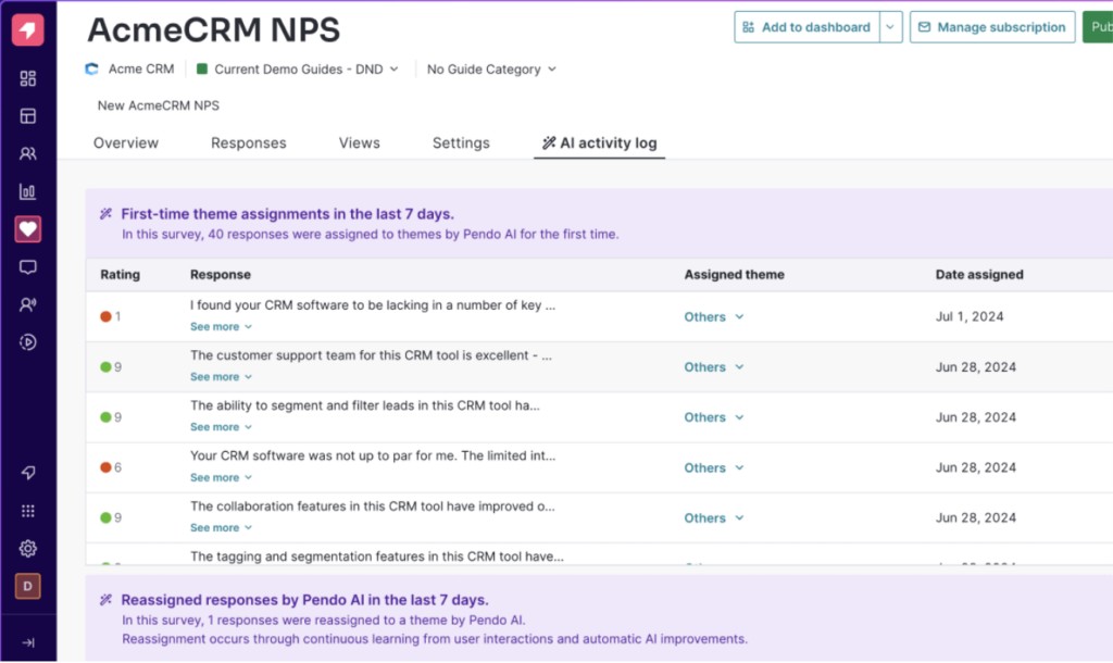 Screenshot of Pendo's AI activity log for customer engagement