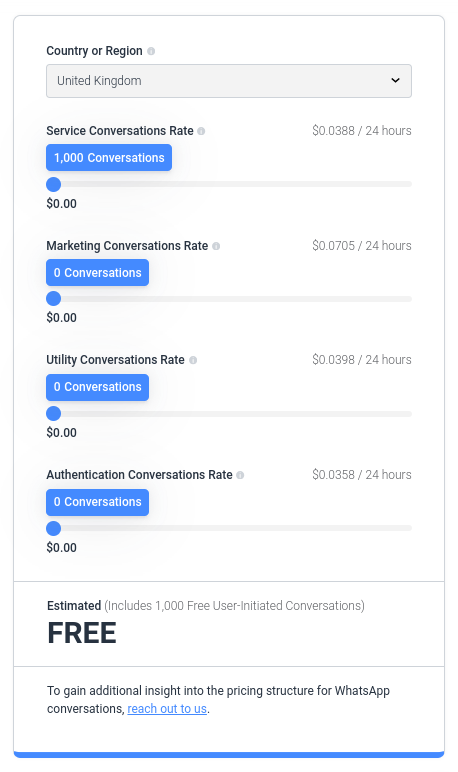 Screenshot of Respond.io's WhatsApp marketing software calculator tool.