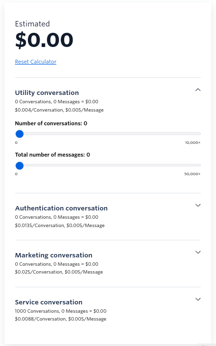 Screenshot of Twilio's WhatsApp marketing software calculator tool.