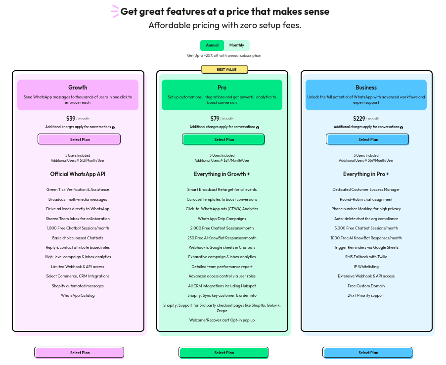 Screenshot of Wati's affordable pricing plans for a WhatsApp customer engagement tool.