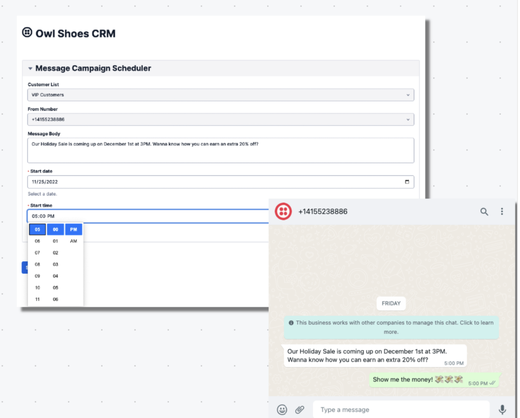 Screenshot of the message campaign scheduler in Twilio