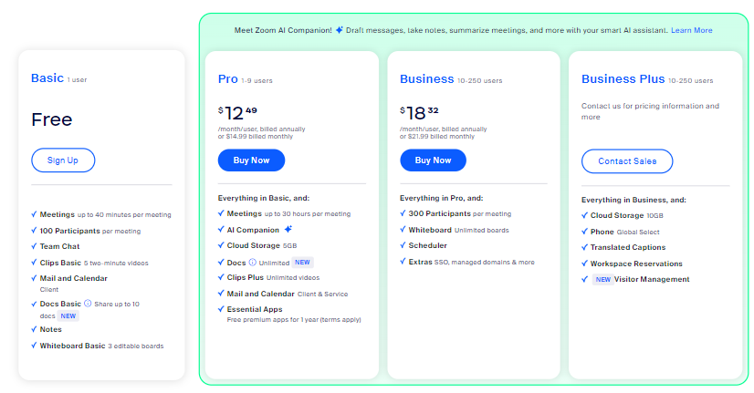 Zoom pricing plans