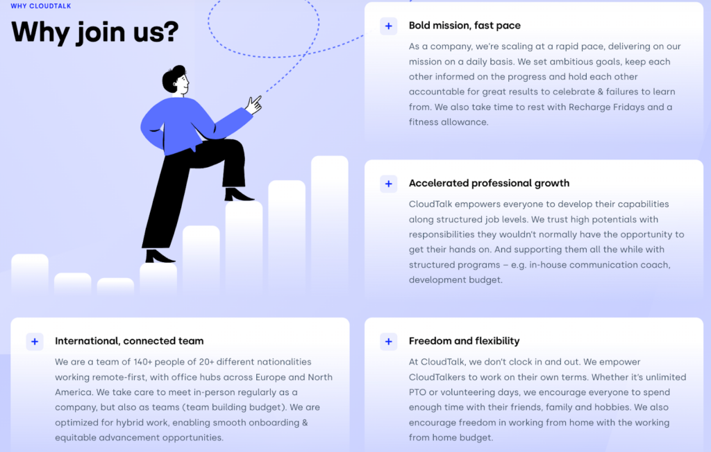 Screenshot of CloudTalk Careers Page highlighting selling points