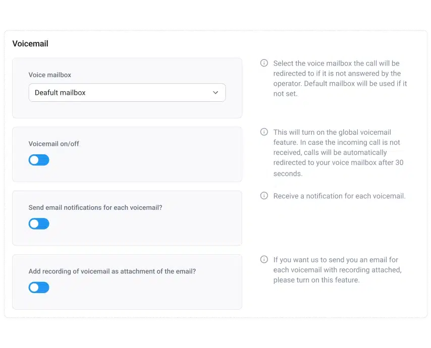 CloudTalk Visual voicemail setting dashboard