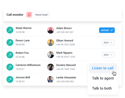 Call monitoring feature to assess call quality and identify training issues