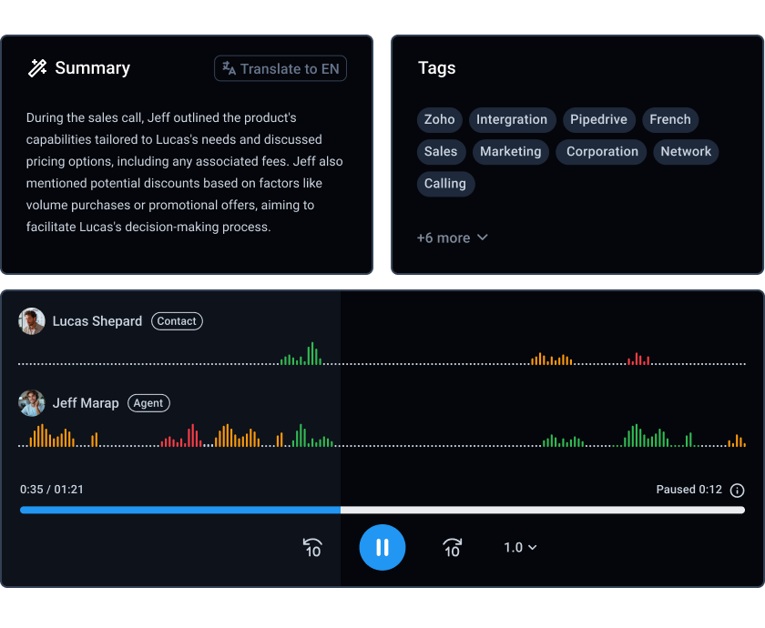 CloudTalk recorded call playback with summary